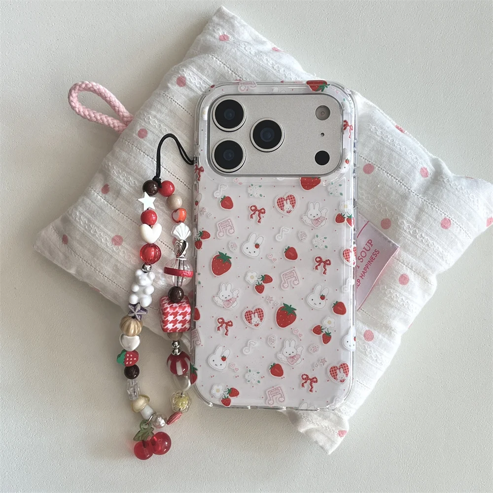 Cute Strawberry Rabbit Phone Case For iPhone 17 14 15 Pro 16 Pro Max Cover with Polka Dots Cartoon Shockproof Fundas with Hinge 5