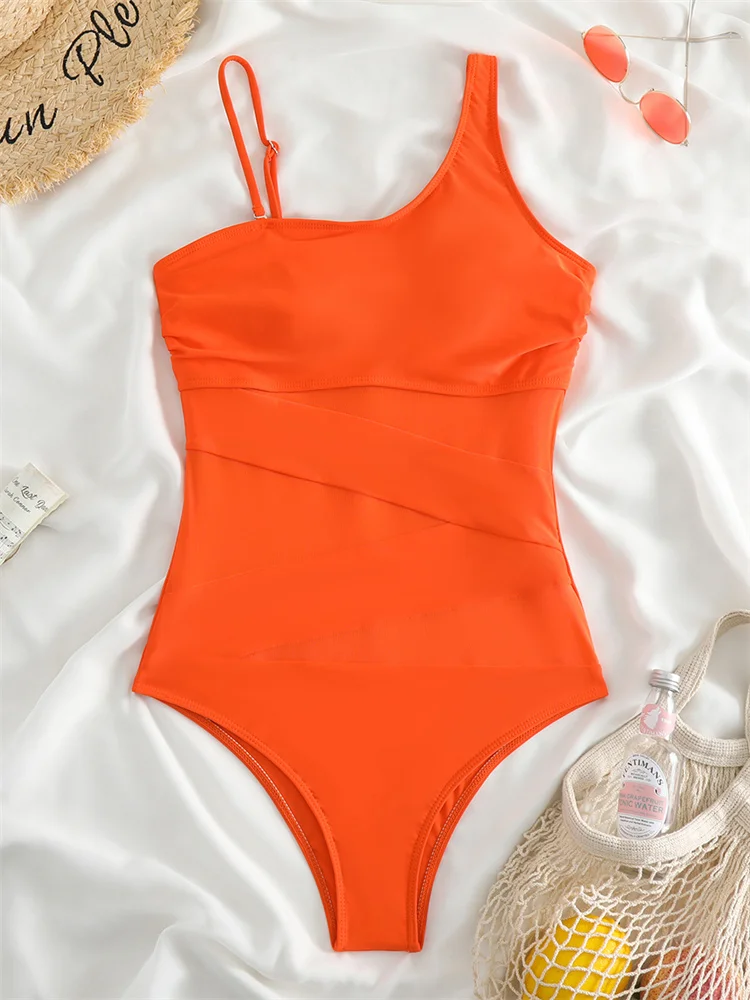 Orange One-Piece Sexy Mesh Solid Colour Swimwear
