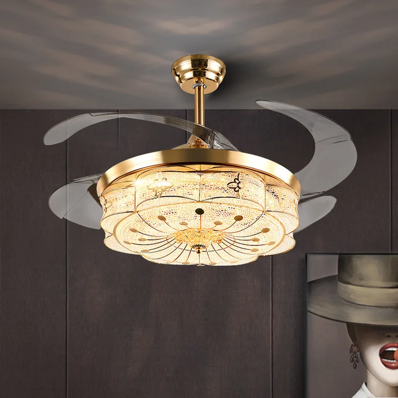 

Invisible Crystal Ceiling Fan Light Living Room Modern Minimalist light luxury crystal fan chandelier with light LED ceiling fan