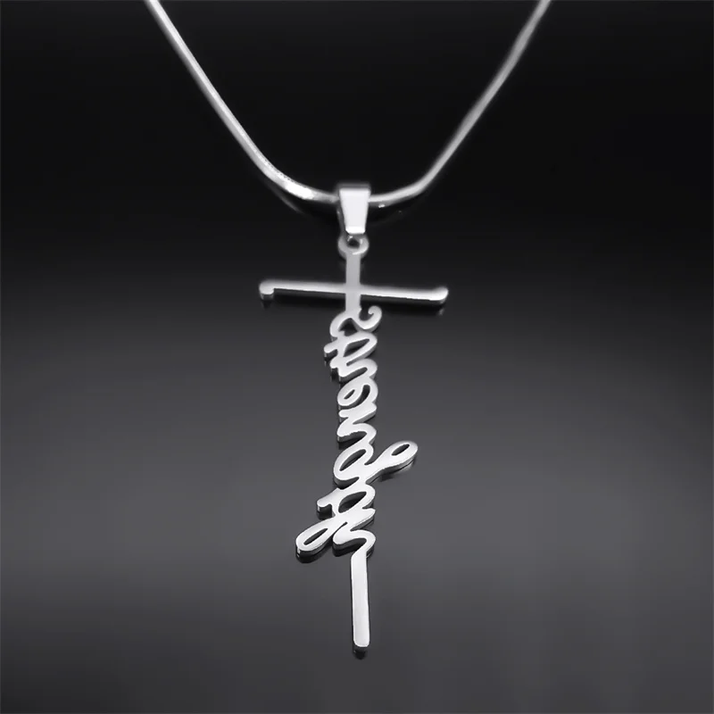 Hip Hop Stärke Wort Jesus Kreuz Halskette für Frauen Männer Edelstahl Silber Farbe Inspirierende Kette Schmuck kragen NZZZ115 – Detail 4