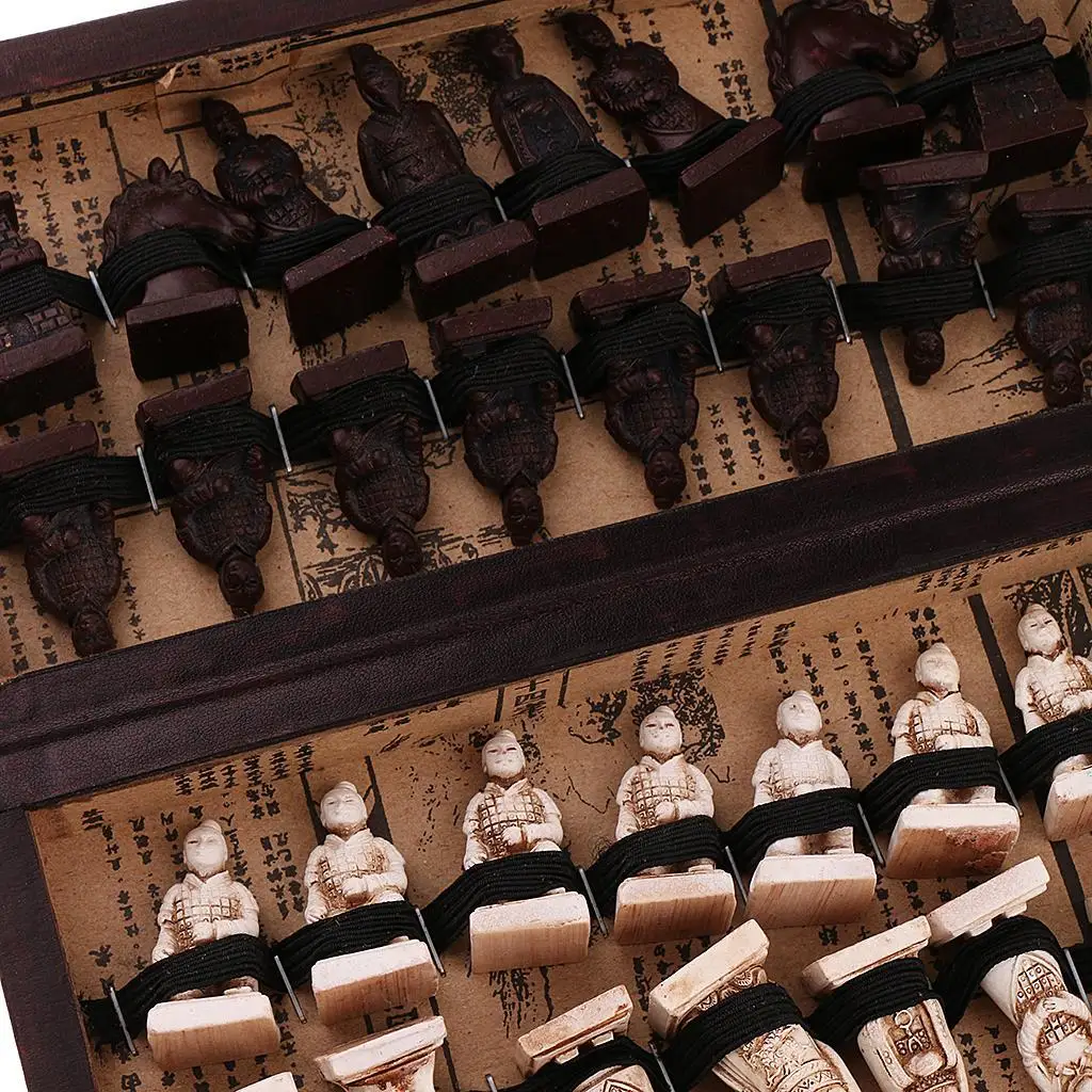Foldable Vintage Chinese Chess Set Board Game Wood Chess Pieces Collectibles