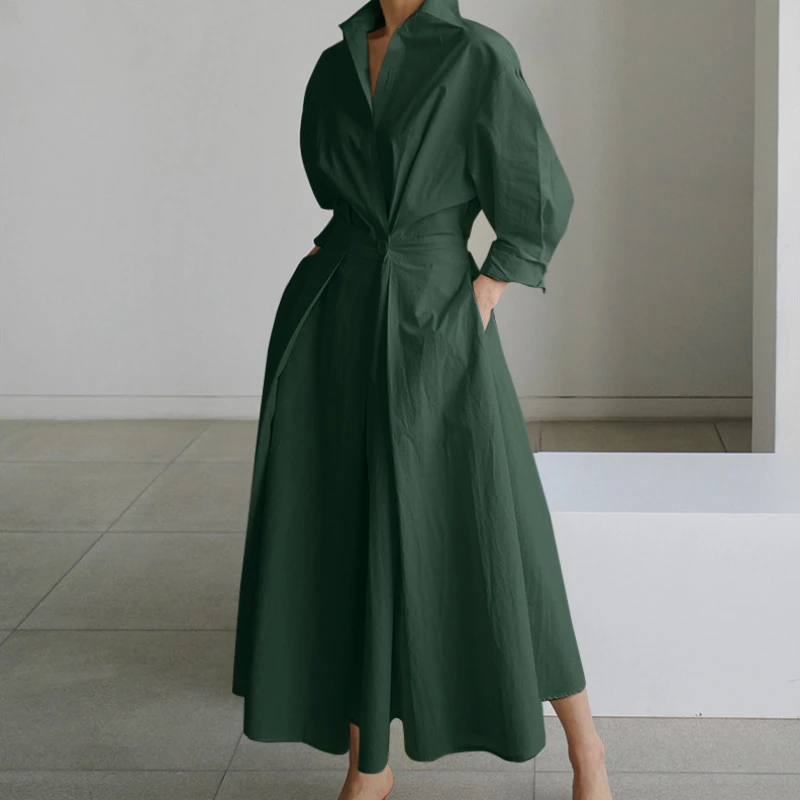 우아한 여성 봄 Sundress 옷깃 목 긴 소매 검은 드레스 2023 솔리드 롱 셔츠 드레스 OL Vestidos Robe Femme streetwear