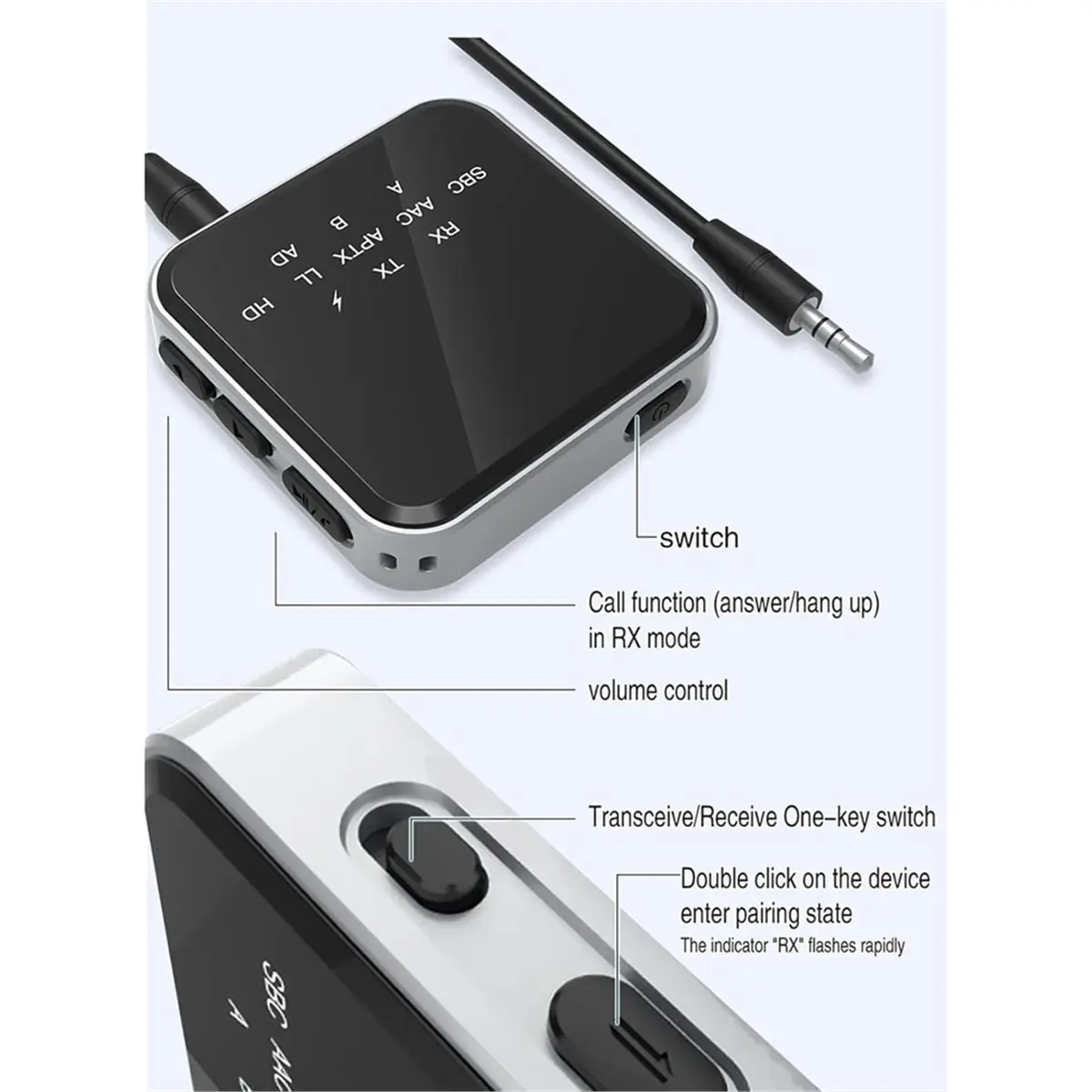 (A75T) 블루투스 5.2 송수신기, AptX Adaptive HD 어댑터, 듀얼 모드, 3.5mm AUX 커넥터를 갖춘 저지연 오디오