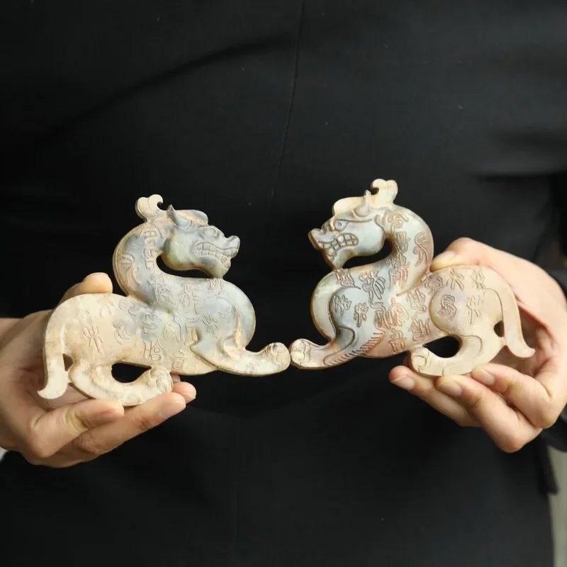 

A pair China old natural jade hand-carved statue dragon commander's seal d
