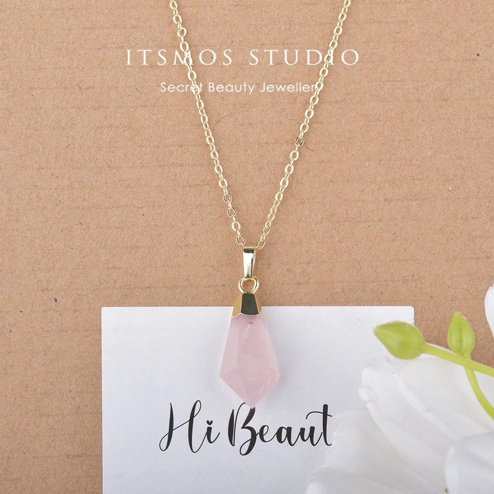 

ITSMOS Natural Rose Quartz Prism Pendant Necklace Crystal Column Pink Love Facet Gemstone Necklace for Women Romantic Jewelry