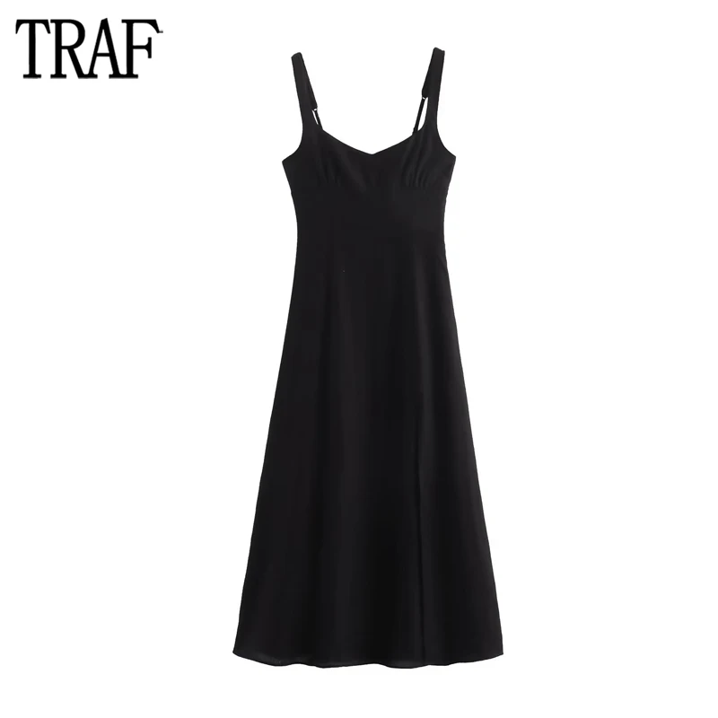 

TRAF 2024 Slip Long Dresses for Women Sexy Backless Midi Womens Dresses Summer Beach Female Dress Thin Straps Party Dress Woman