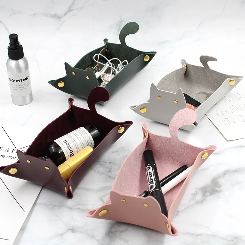 PU Leather Desktop Storage Tray, Stationery Storage Tray, Dice Rolling Cat Shaped, Square, Key Box