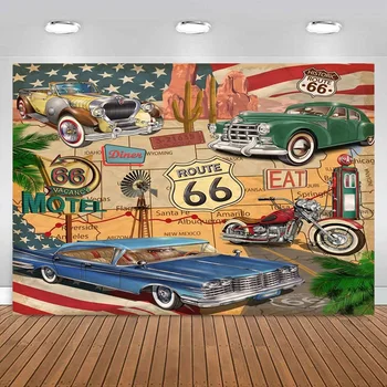 Route 66 테마 사진 배경, 레트로 로드 맵, 모텔 오토바이 자동차 배경, 생일 파티, 성인 및 어린이 장식 배너