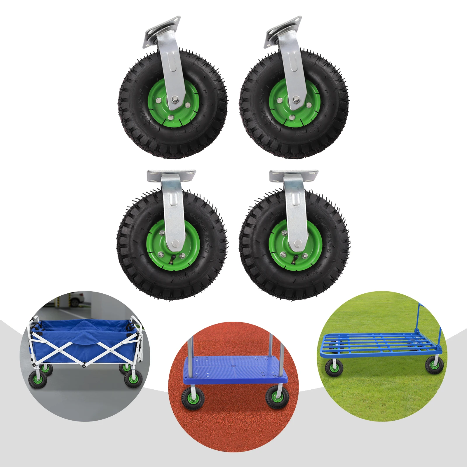4-Pack Industrial Inflatable Wheels Heavy-Duty Casters Set 2 Swivel + 2 Fixed 300kg Double Ball Bearings 10 Inch for Machinery