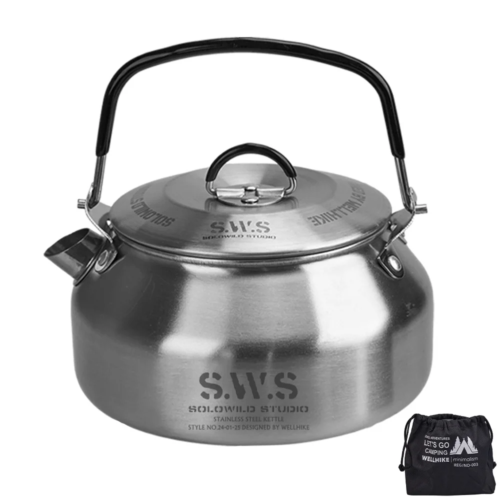 1L Outdoor Camping Kettle with Handle 304 Stainless Steel Water Kettle Lightweight Coffee Pot Tourist Cookware Supplies