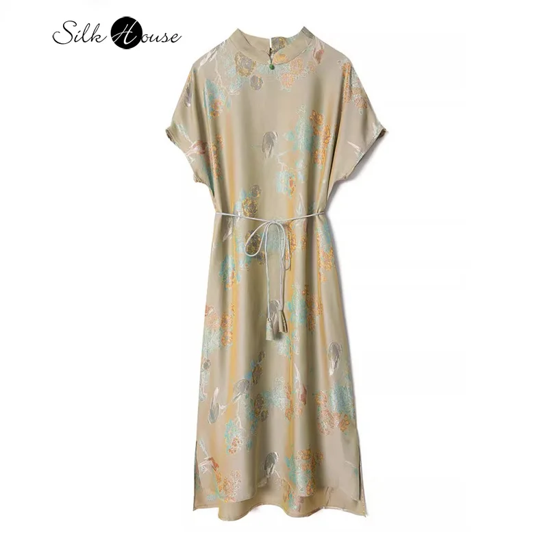 

2024 Women's Fashion Summer New Peony and Bird Pattern Sleeves 100% Natural Mulberry Silk Song Brocade Dress