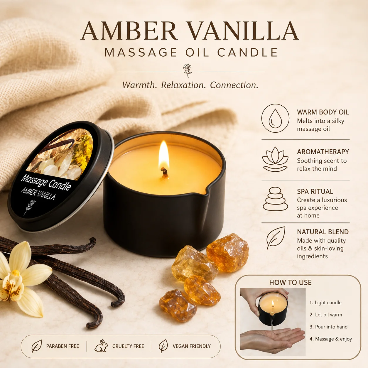 Luxurious Amber Vanilla Soy Wax Massage Candle - Perfect for Relaxation and Holiday Gifting