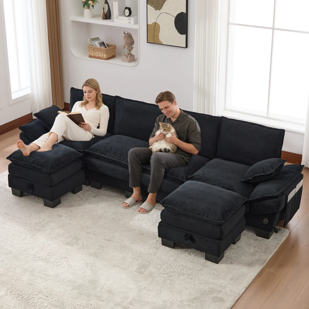 Modulares 4-Sitzer-Sofa mit Kabelanschluss, hochdichter Schaumstoffpolsterung, USB-C-Anschluss und Seitentaschen. Ideal für Wohnzimmer, Büro oder Lounge – Detail 25