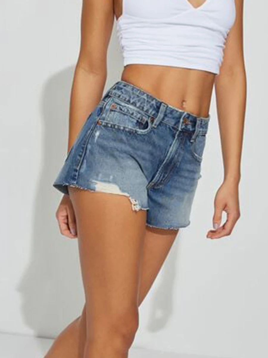 Trendy Distressed Denim Shorts in Light Wash with Frayed Hemline Perfect for Casual Summer Outfits and Beach Days
