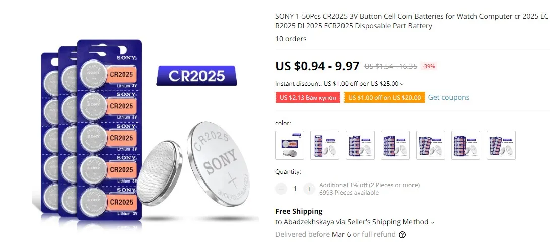 SONY 1-50Pcs CR2032 3V Lithium Button Cell Batteries BR2032 DL2032 ECR2032 CR 2032 Coin Battery Single Use For Watch Calculator