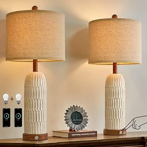 

Dimmable Touch Control Table Lamp Set of 2 with Dual USB A+C Ports for Bedroom Living Room 26.5\u201D Modern Farmhouse Bedside L