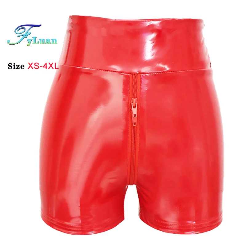 Shine PU Leather Short Pants Double Zipper Womens Shorts Elastic High Waist Wetlook  Latex Hot Goth Shorts Clubwear Party Shorts