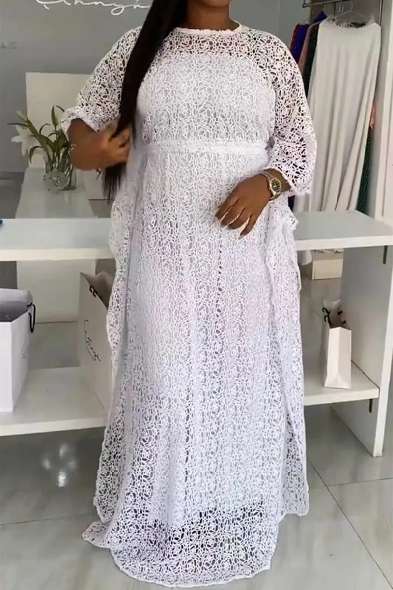 

African Womens Asymmetric Party Dress Seven-quarter Sleeve Hollow Out White Female Clothing Chic Lace Maxi Birthday Prom Dresses