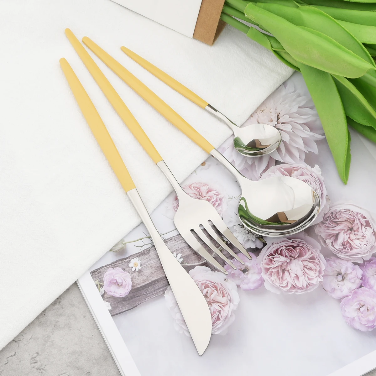Yellow Gold Dinnerware Set Knife Fork Tea Spoon Cutlery Set Mirror Stainless Steel Silverware Kitchen Dinner Tableware Flatware