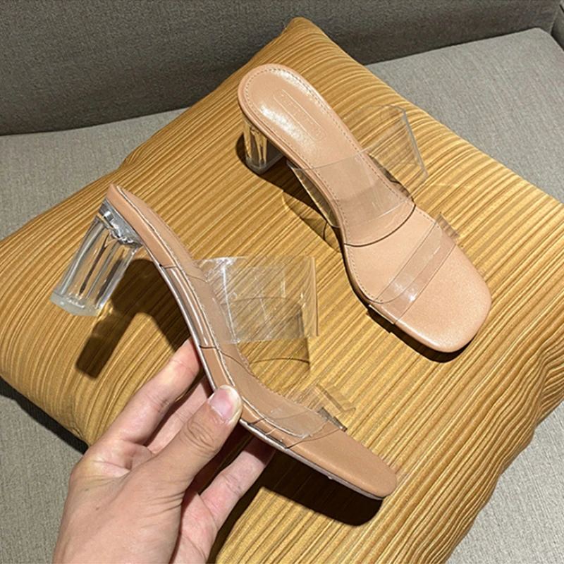 Summer Women Pumps Sexy Sandals 9cm Jelly Slippers Open Square Toe High Heels Women Transparent Slippers Shoe Heel Clear Sandals