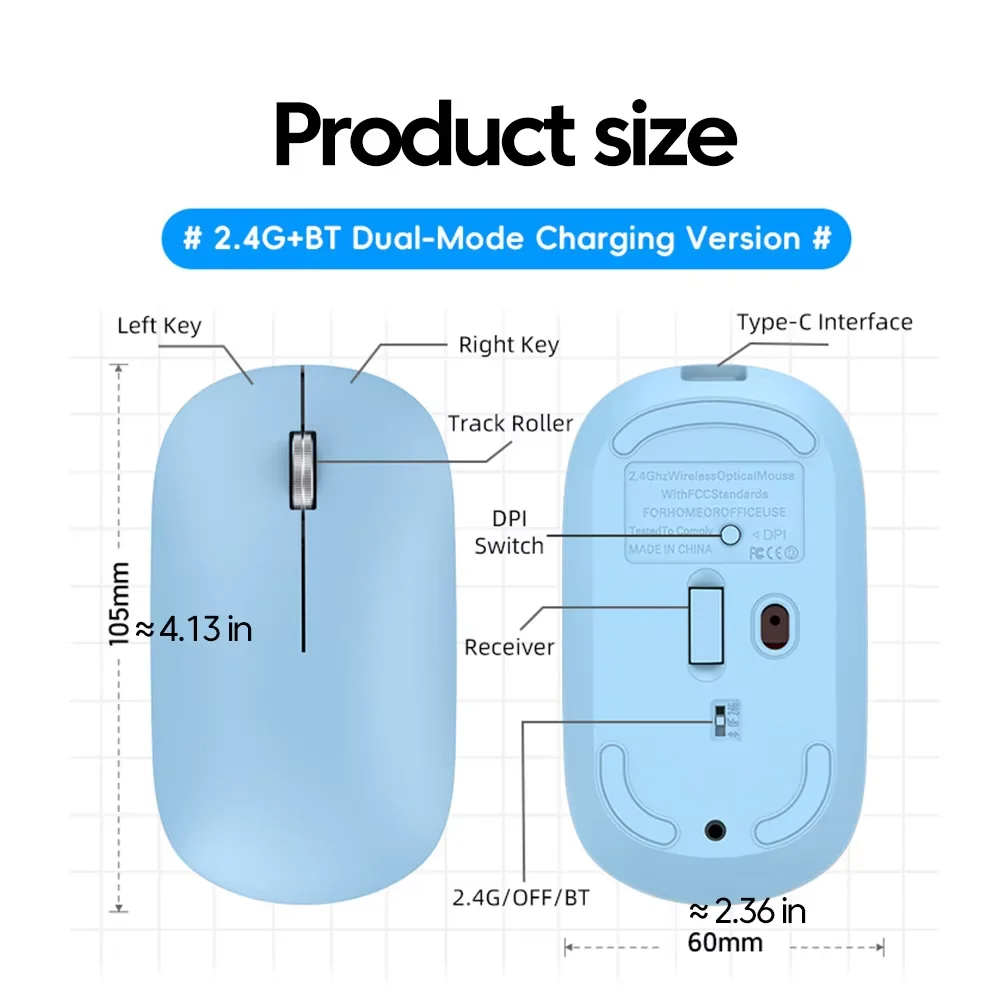2.4Ghz Bluetooth Wireless Mouse Dual Mode Rechargeable Ergonomic Rechargeable Mice Gaming Mouse for PC/Laptop/Macbook