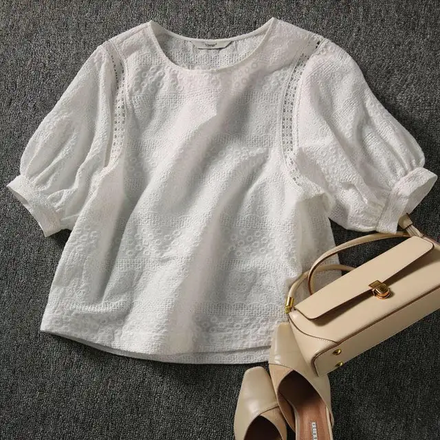 2023 Fashion Summer Embroidery Cotton Lace O-neck Casual Blouses New Korean Women's Lantern Sleeve Loose Shirts Clothes 13440 2