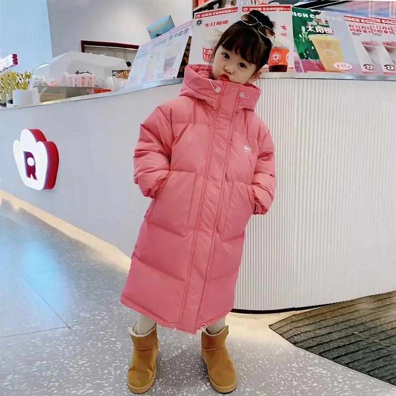 

2023 Korean Teens Fashion Kids New Winter Warm Hooded Girls Coat Down Cotton Outerwear Solid Color Boy Long Parka For 3-12 Years