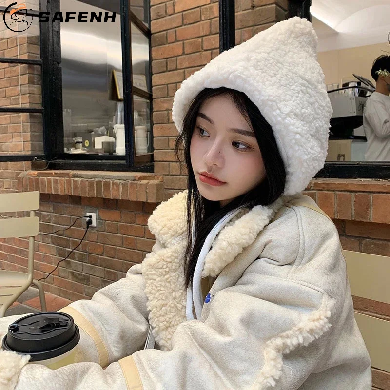 New Trend Ear Protection Hat Cute Beanie Women Winter Warm Plush Lacing Strap Hats Casual All-match Caps