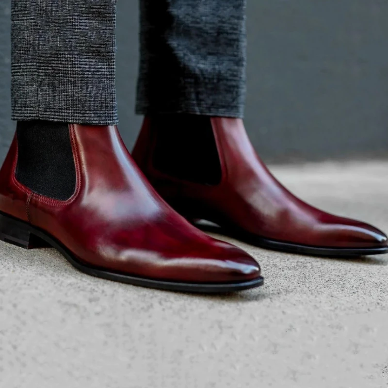 New Red Chelsea Boots for Men Business Square Toe Slip-On Men Short Boots Botas De Hombre
