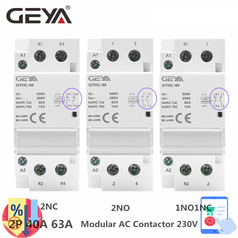 

GEYA Din Rail AC Contactor 2P 40A 63A 2NO 2NC 1NO1NC House Use or For Charging Pile Contactor Good Quality