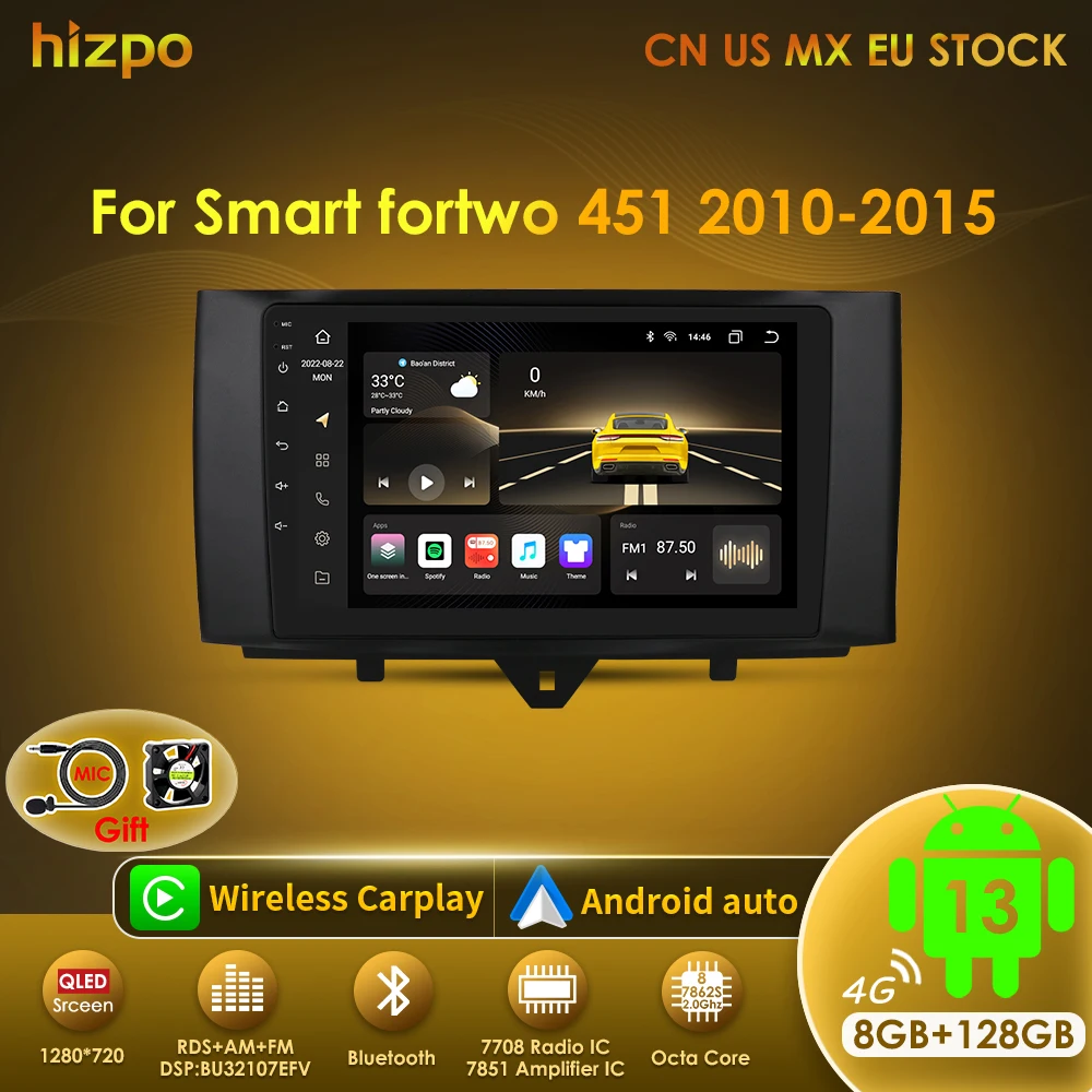 Autoradio Android 13 Con CarPlay Wireless Per Smart Fortwo 451 2005-2010 - Schermo 9", 4+64GB, Telecamera Posteriore