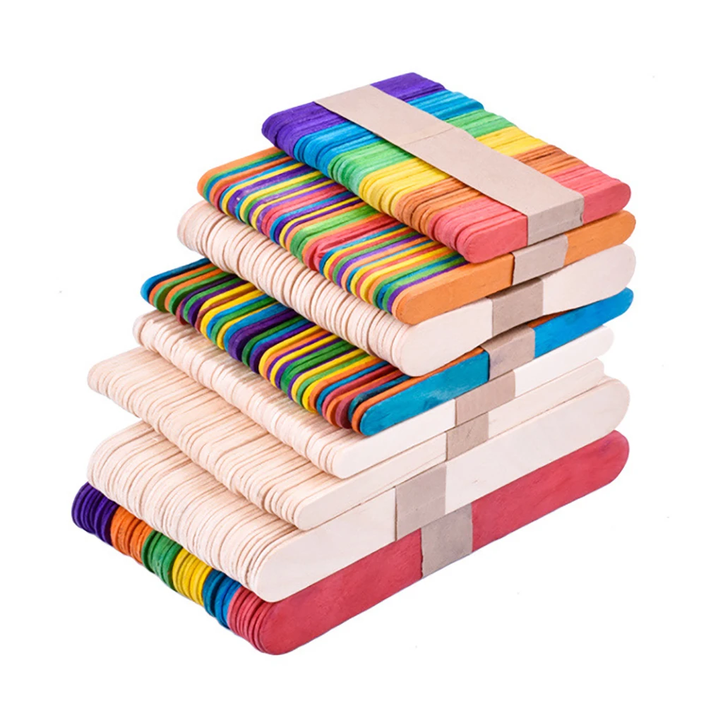 UPORS 50Pcs/Set Ice Cream Sticks Natural Wooden Ice Pop Popsicle Sticks Colorful Wood Craft for Children DIY Homemade