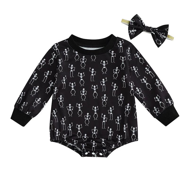 

Bmnmsl Baby Girls 2Pcs Halloween Outfits Long Sleeve Skeleton Print Romper with Bow Headband Set Newborn Clothes
