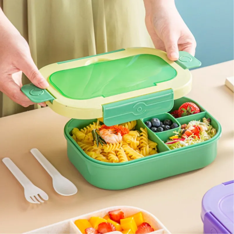 1pc Plastic Divided Lunch Box/Bento Container/Meal Prep Box/Food Storage Box  - Includes Chopsticks, Spoon, and Utensils