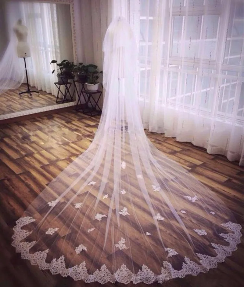 Bridal Veil Lace Applique Edge Soft Mesh 3 Meters Long Double Layer Handmade Flower Wedding Veils for Bride Velos para Iglesia