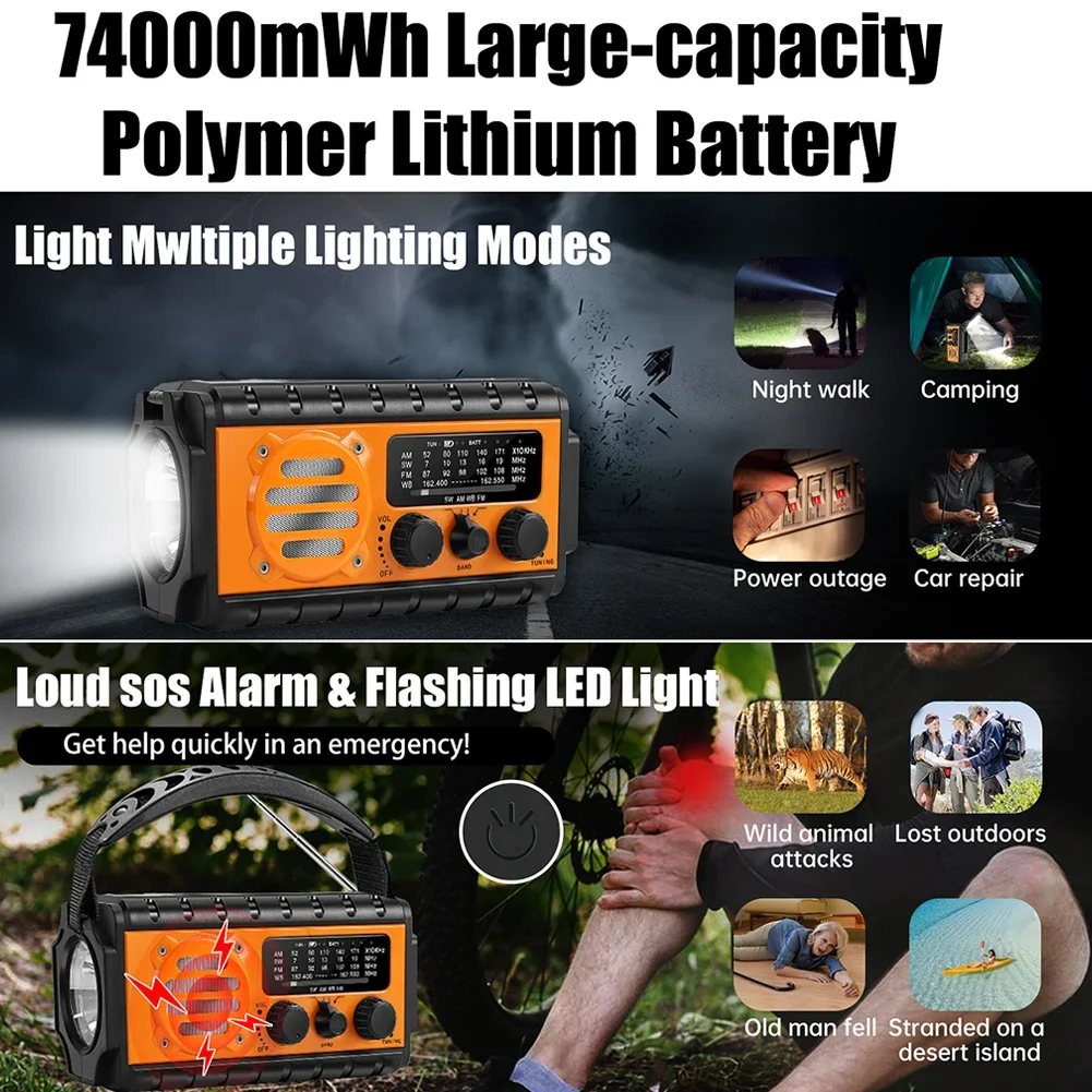 Hand Crank Emergency Radio 20000mAh Solar Powered Radio with Flashlight Reading Lamp SOS Alarm for Outdoor Camping and Emergency