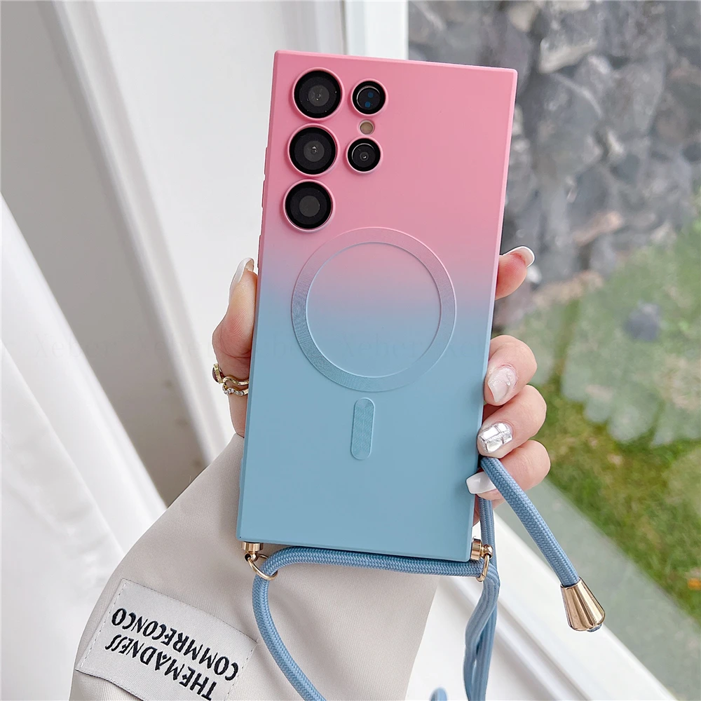 Gradient Pattern Magnetic Wireless Charging Necklace Lanyard Matte Silicone Case