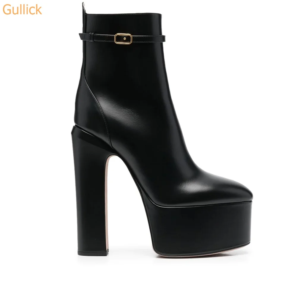 

2023 Newest Pointed Toe Ankle Boots Black Genuine Leather Platform Large Size Zipper Short Boots Super High Square Heel Boots