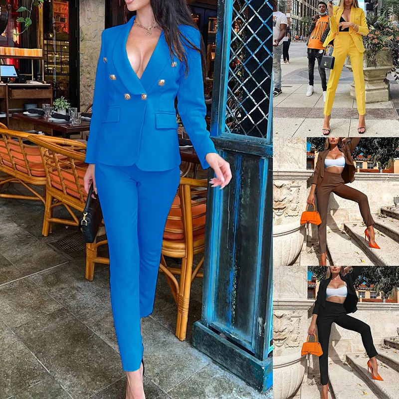 Blue Yellow Black Women Pantsuits Two Pcs Sets Ladies Clothing Business Double-breasted Buttons Blazer Pencil Pants Formal Suits