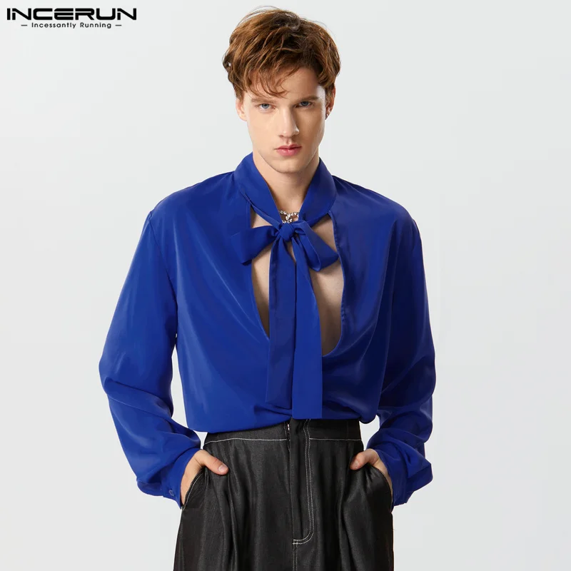

American Style New Men Ribbon Deep V Design Shirts Casual Fashion Male Bright Fabric Long Sleeved Blouse S-5XL INCERUN Tops 2023