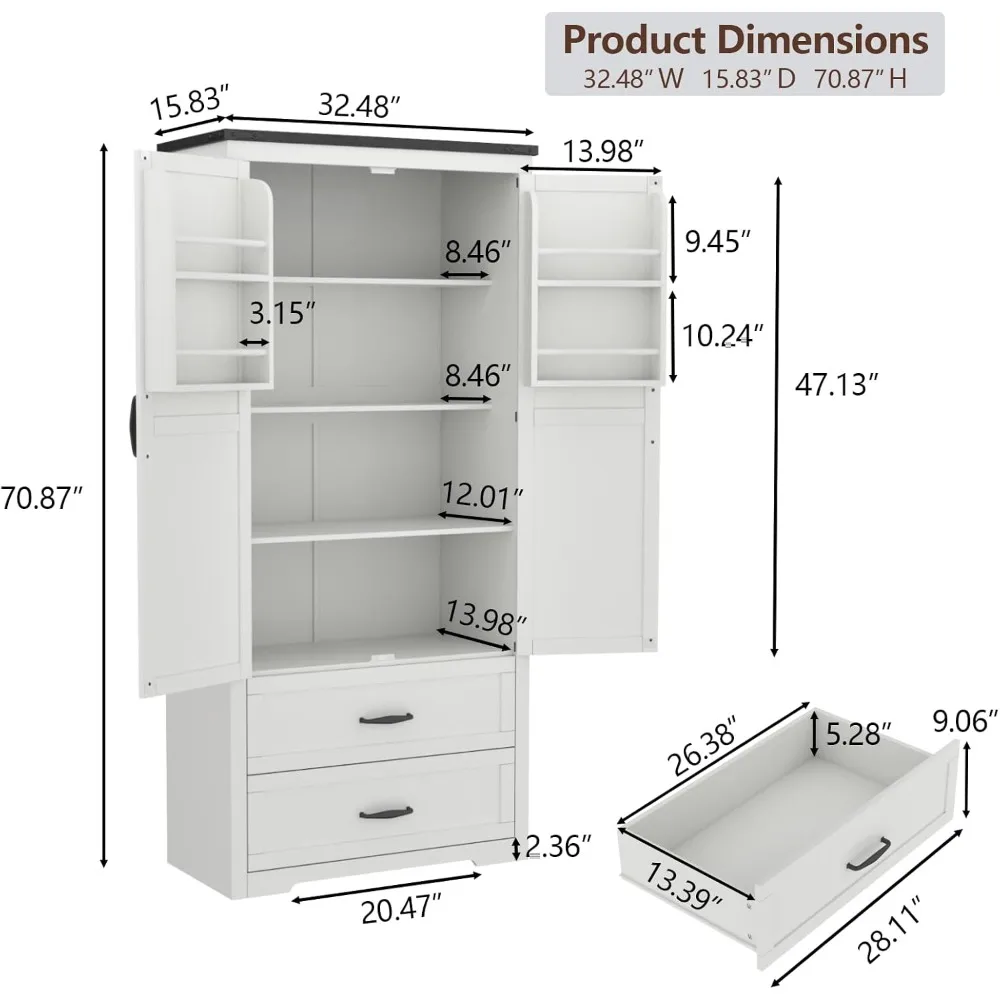 Tall Farmhouse Kitchen Cabinet with Sensor Light, Kitchen Pantry Cabinet with 2 Large Drawers and Adjustable Shelves