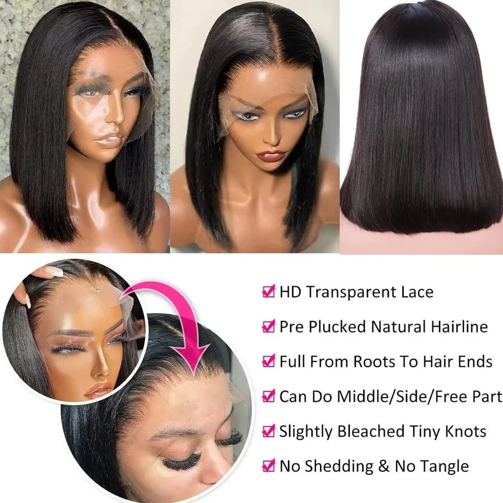Wear and Go Glueless Bob Wig Human Hair Pre Plucked Pre Cut 215% Density 5x5 HD Transparent Lace Front Wigs Human Hair for Black Women Short Straight Bob Wigs No Glue Lace Closure Wigs for Beginners 10 Inch 6