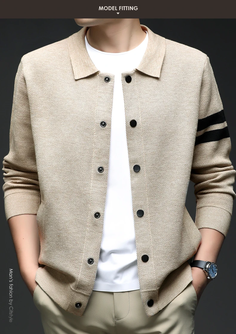 Gestreifte gestrickte Herren-Strickjacke der High-End-Marke, Trend, Bestseller, Komforttasche, neues Luxus-Revers, einzigartige Knopfjacke, Freizeitmantel – Detail 2