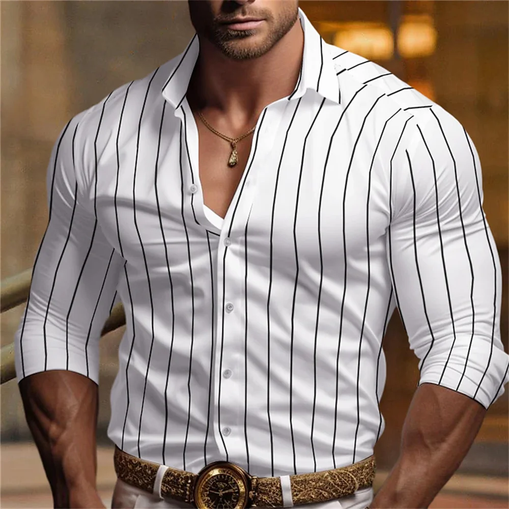 New men's long sleeved button up shirt, solid color striped printed shirt, soft and comfortable muscular men's shirt, plus size