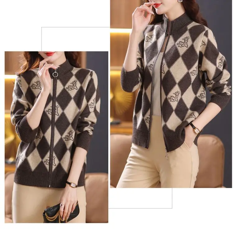 Women's Korean Vintage Plaid Sweaters Cardigan Autumn Winter Casual All-match Stand Collar Zipper Knitted Tops Female Clothing