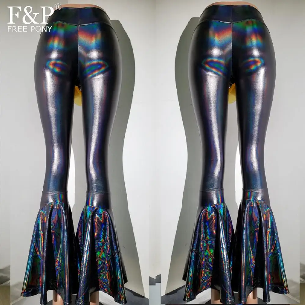 

Women Black Holographic High Waisted Flare Bell Bottom Pants Leggings Rave Festival Outfits Pole Hoop Dance Pants Leggings