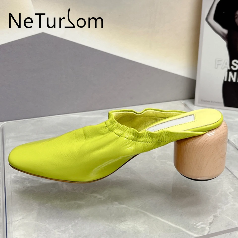 

Pleated leather close-toe slippers for women fashion simple summer ladies shoes cylindrical heel elastic witch shoes тапочки