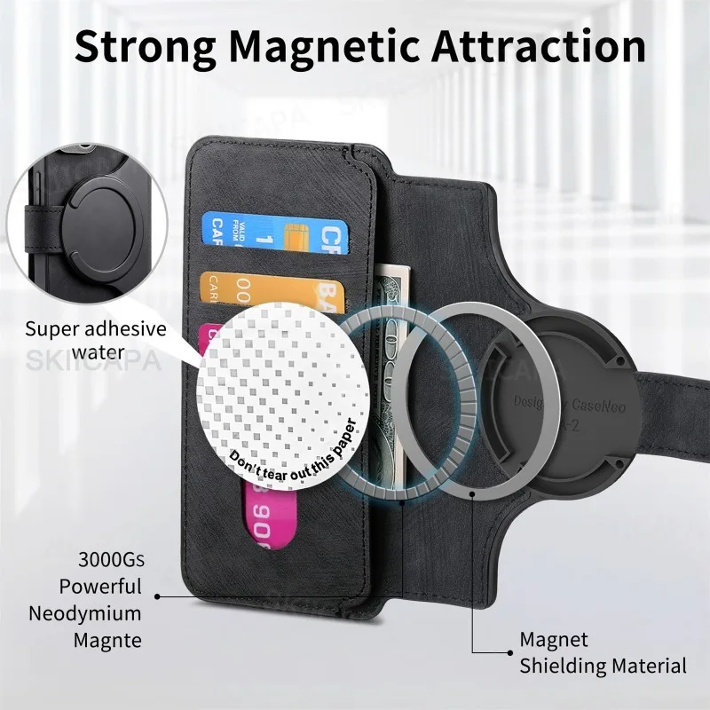 Multifunction Flip Leather Magnetic Wallet Case with Magsafe Removable 2-in-1 Phone Cover