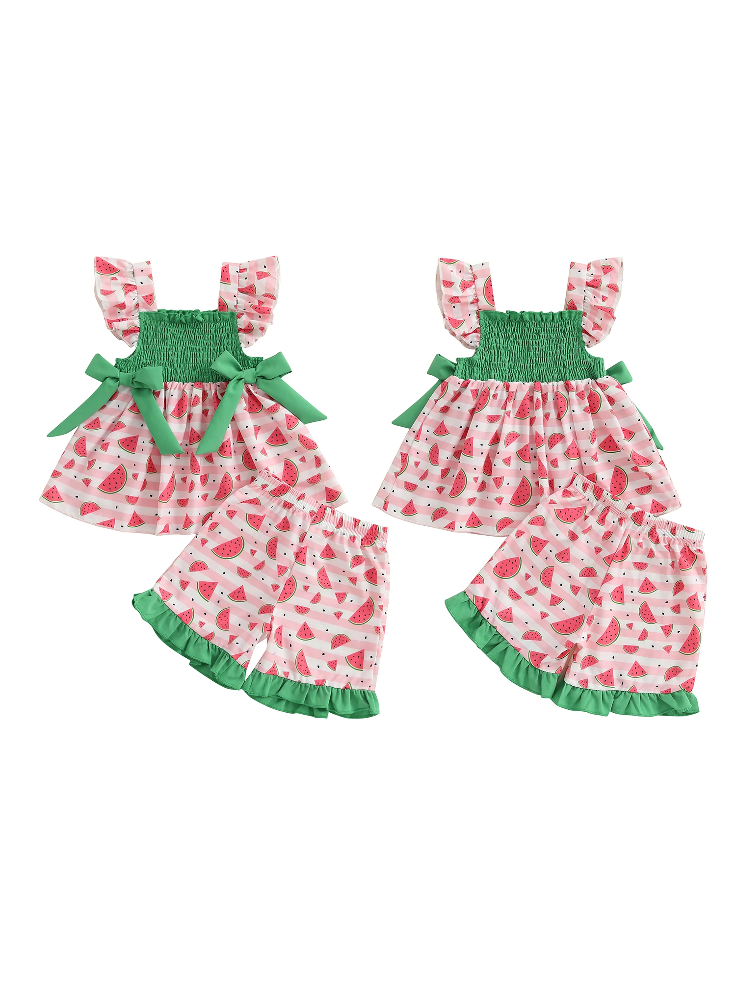 Description Picture 2 of itemBaby Girls Summer Outfits Watermelon Cherry Print Fly Sleeve Tops and Elastic Shorts Set Fashion Cute Clothes