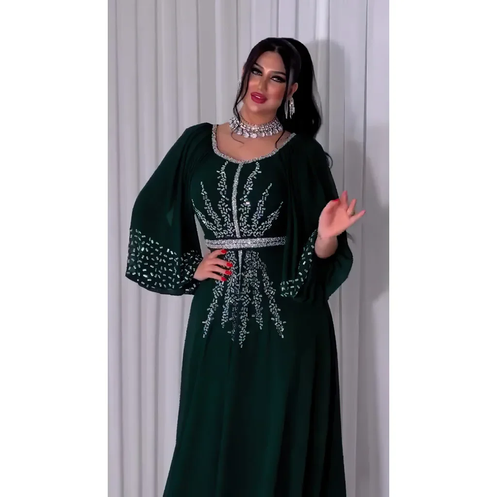 Women's Amazon AliExpress Rhinestone Dress Chiffon Puff Sleeve Dress  Containing Belt
